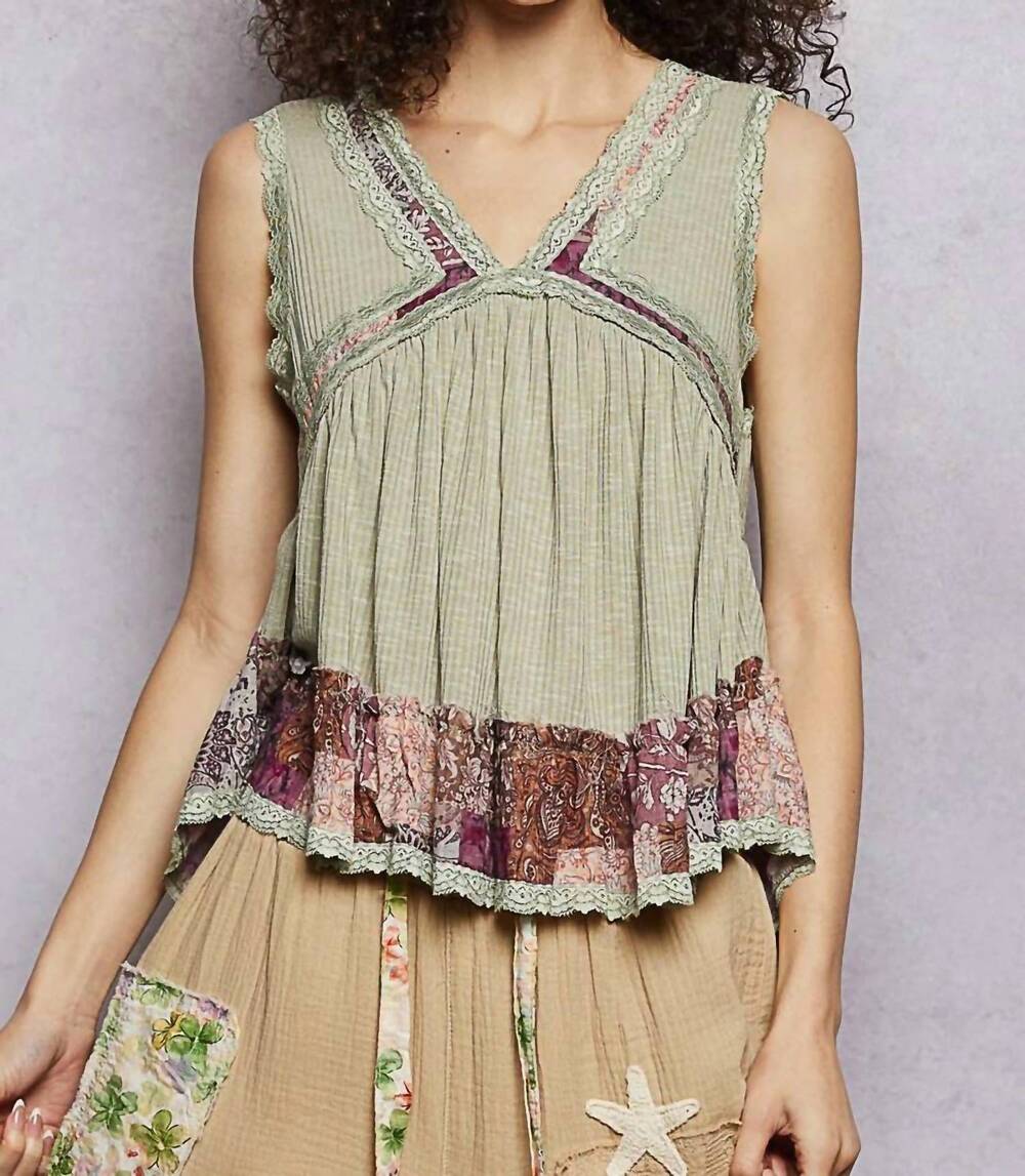 NEW POL floral trim tank top in powder olive
